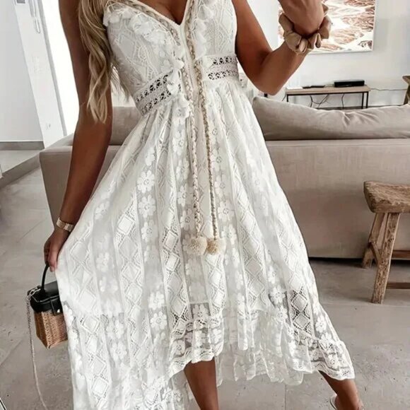 Pom Pom Tassel White Lace Maxi Dress - Picture 2 of 3